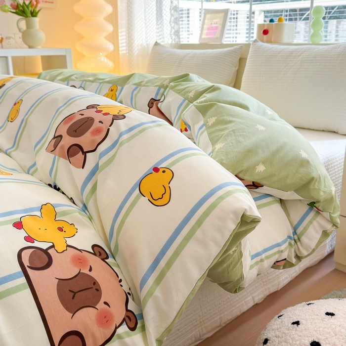 91家纺网 家纺一手货源 找家纺  清雅福 2024新款全棉13372小清新单被套系列第三季 丫丫卡皮