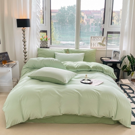 91家纺网 家纺一手货源 找家纺 芷凡家纺 2024新款亲肤棉纯色双拼四件套 浅绿+果绿