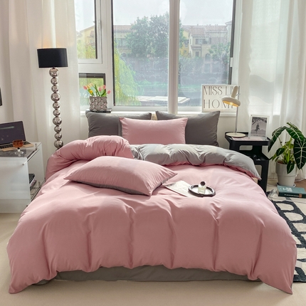 91家纺网 家纺一手货源 找家纺 芷凡家纺 2024新款亲肤棉纯色双拼四件套 豆沙+浅灰