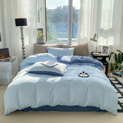 91家纺网 家纺一手货源 找家纺 芷凡家纺 2024新款亲肤棉纯色双拼四件套 天蓝+牛仔蓝