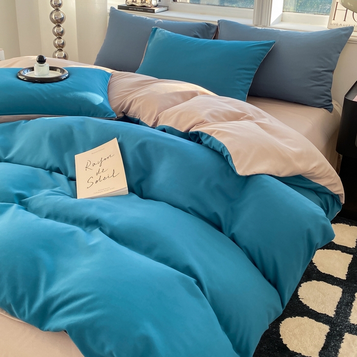 91家纺网 家纺一手货源 找家纺 芷凡家纺 2024新款亲肤棉纯色双拼四件套 蓝色+灰驼