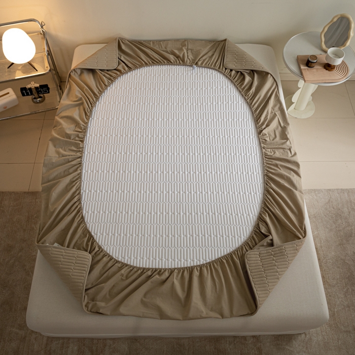 91家纺网 家纺一手货源 找家纺 芬晴家纺 2024新款纯棉水洗棉纯色夹棉床笠 漫游-奶茶