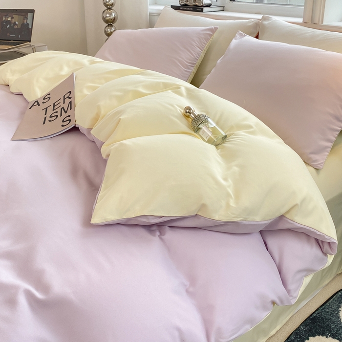 91家纺网 家纺一手货源 找家纺 芷凡家纺 2024新款亲肤棉纯色双拼四件套 丁香紫+奶黄