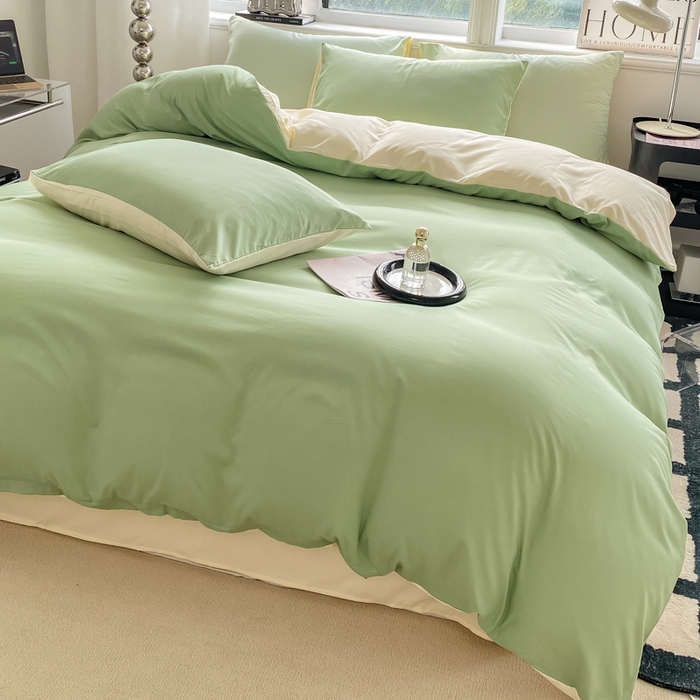 91家纺网 家纺一手货源 找家纺 芷凡家纺 2024新款亲肤棉纯色双拼四件套 果绿+米白