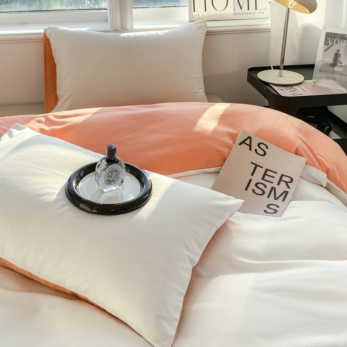 91家纺网 家纺一手货源 找家纺 芷凡家纺 2024新款亲肤棉纯色双拼四件套 奶白+果冻橙