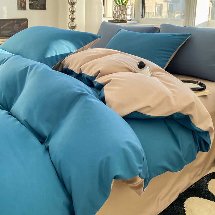 91家纺网 家纺一手货源 找家纺 芷凡家纺 2024新款亲肤棉纯色双拼四件套 蓝色+灰驼