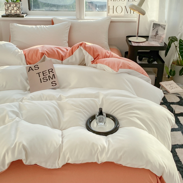 91家纺网 家纺一手货源 找家纺 芷凡家纺 2024新款亲肤棉纯色双拼四件套 奶白+果冻橙