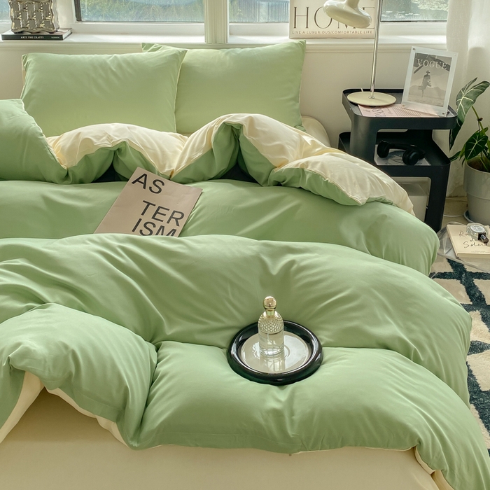 91家纺网 家纺一手货源 找家纺 芷凡家纺 2024新款亲肤棉纯色双拼四件套 果绿+米白