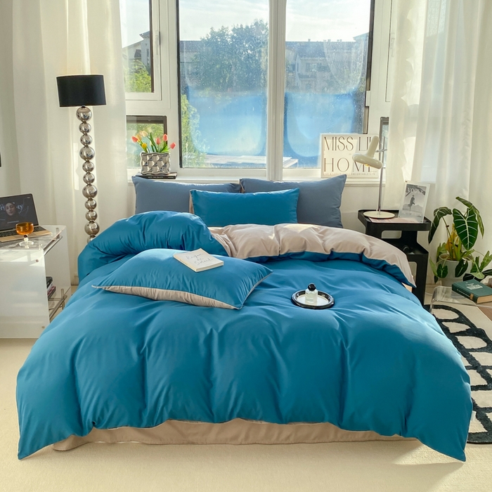 91家纺网 家纺一手货源 找家纺 芷凡家纺 2024新款亲肤棉纯色双拼四件套 蓝色+灰驼