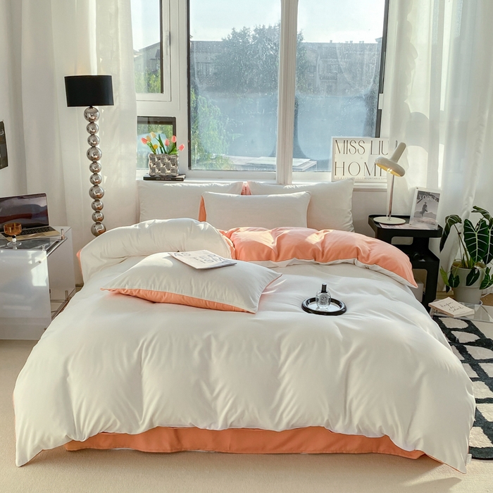 91家纺网 家纺一手货源 找家纺 芷凡家纺 2024新款亲肤棉纯色双拼四件套 奶白+果冻橙