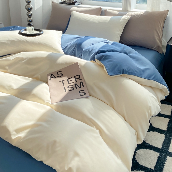 91家纺网 家纺一手货源 找家纺 芷凡家纺 2024新款亲肤棉纯色双拼四件套 米白+牛仔蓝