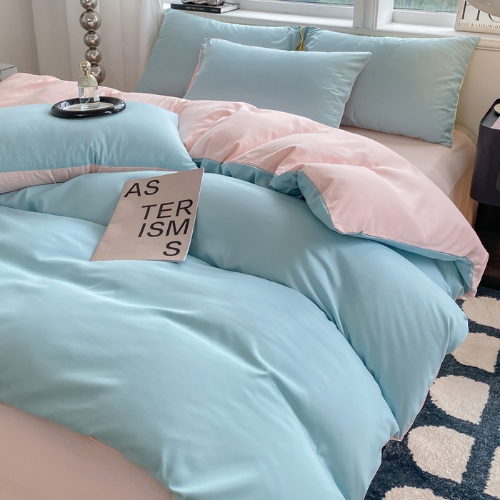 91家纺网 家纺一手货源 找家纺 芷凡家纺 2024新款亲肤棉纯色双拼四件套 蓝灰+奶油粉