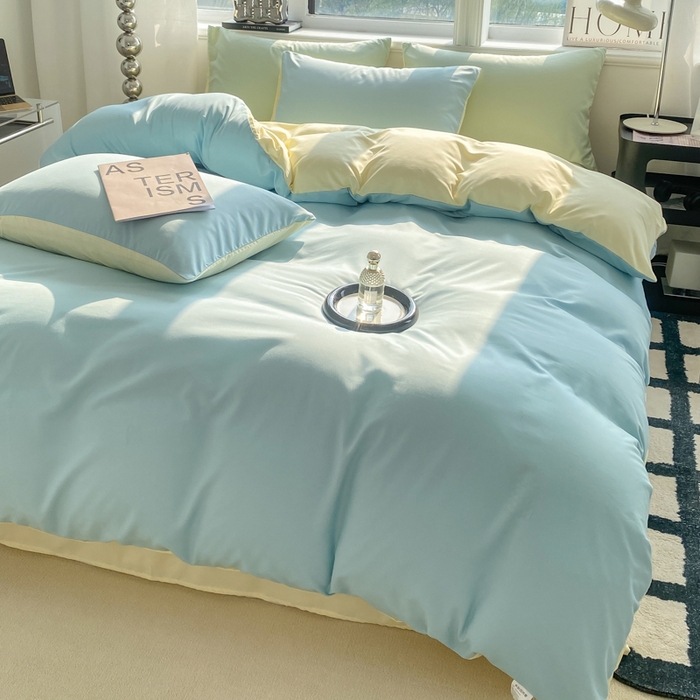 91家纺网 家纺一手货源 找家纺 芷凡家纺 2024新款亲肤棉纯色双拼四件套 蓝灰+奶黄