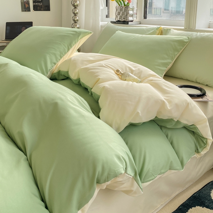 91家纺网 家纺一手货源 找家纺 芷凡家纺 2024新款亲肤棉纯色双拼四件套 果绿+米白