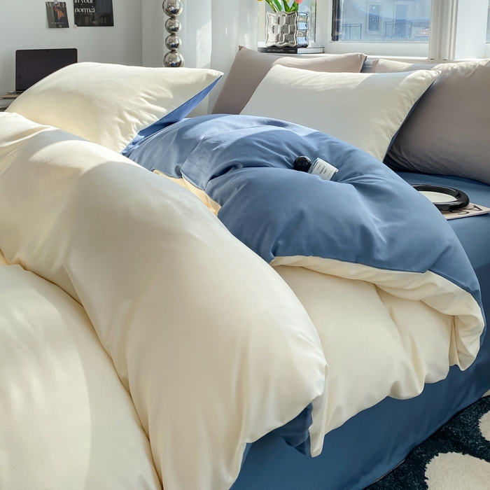 91家纺网 家纺一手货源 找家纺 芷凡家纺 2024新款亲肤棉纯色双拼四件套 米白+牛仔蓝