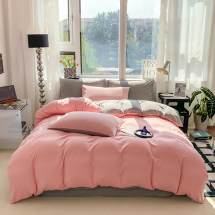 91家纺网 家纺一手货源 找家纺 芷凡家纺 2024新款亲肤棉纯色双拼四件套 浅豆沙+浅灰