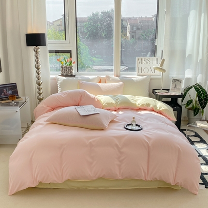 91家纺网 家纺一手货源 找家纺 芷凡家纺 2024新款亲肤棉纯色双拼四件套 奶油粉+奶黄