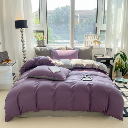 91家纺网 家纺一手货源 找家纺 芷凡家纺 2024新款亲肤棉纯色双拼四件套 灰紫+浅灰