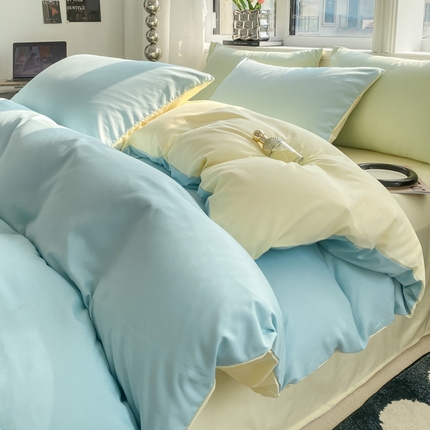 芷凡家纺 2024新款亲肤棉纯色双拼四件套 蓝灰+奶黄