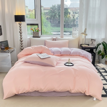 91家纺网 家纺一手货源 找家纺 芷凡家纺 2024新款亲肤棉纯色双拼四件套 奶油粉+丁香紫