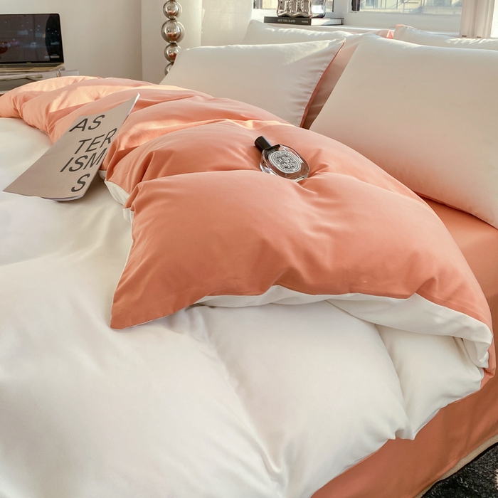 91家纺网 家纺一手货源 找家纺 芷凡家纺 2024新款亲肤棉纯色双拼四件套 奶白+果冻橙