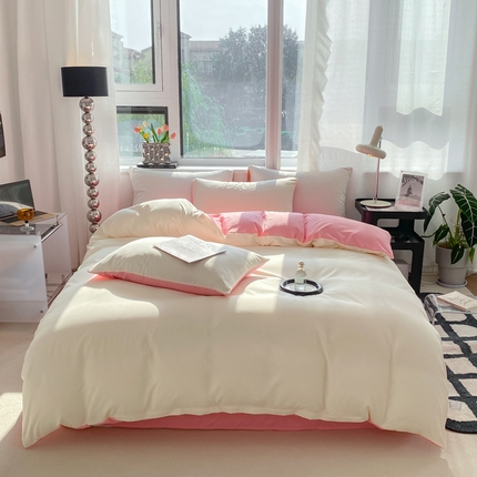 91家纺网 家纺一手货源 找家纺 芷凡家纺 2024新款亲肤棉纯色双拼四件套 奶白+玉
