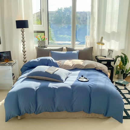 91家纺网 家纺一手货源 找家纺 芷凡家纺 2024新款亲肤棉纯色双拼四件套 牛仔蓝+灰驼