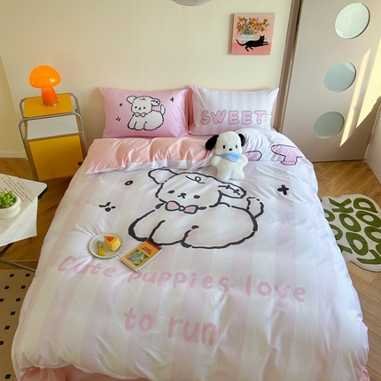 91家纺网 家纺一手货源 找家纺 美乐迪家纺 2024新款大版全棉四件套 粉条小狗