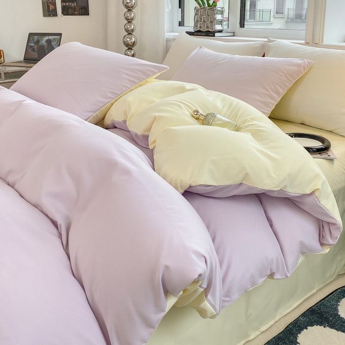 91家纺网 家纺一手货源 找家纺 芷凡家纺 2024新款亲肤棉纯色双拼四件套 丁香紫+奶黄