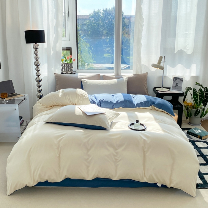 91家纺网 家纺一手货源 找家纺 芷凡家纺 2024新款亲肤棉纯色双拼四件套 米白+牛仔蓝