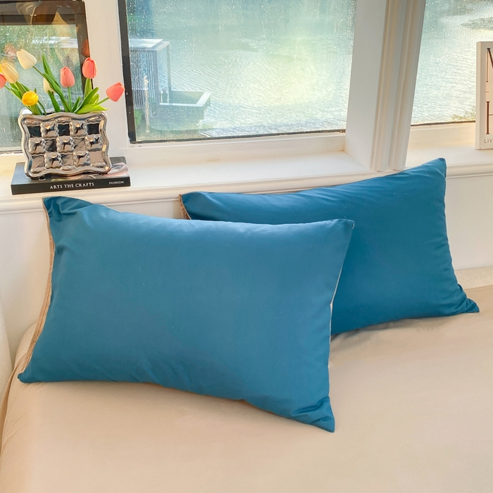 91家纺网 家纺一手货源 找家纺 芷凡家纺 2024新款亲肤棉纯色双拼四件套 蓝色+灰驼