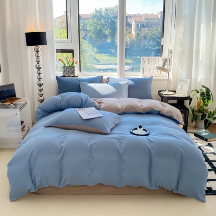 91家纺网 家纺一手货源 找家纺 芷凡家纺 2024新款亲肤棉纯色双拼四件套 浅蓝灰+灰驼