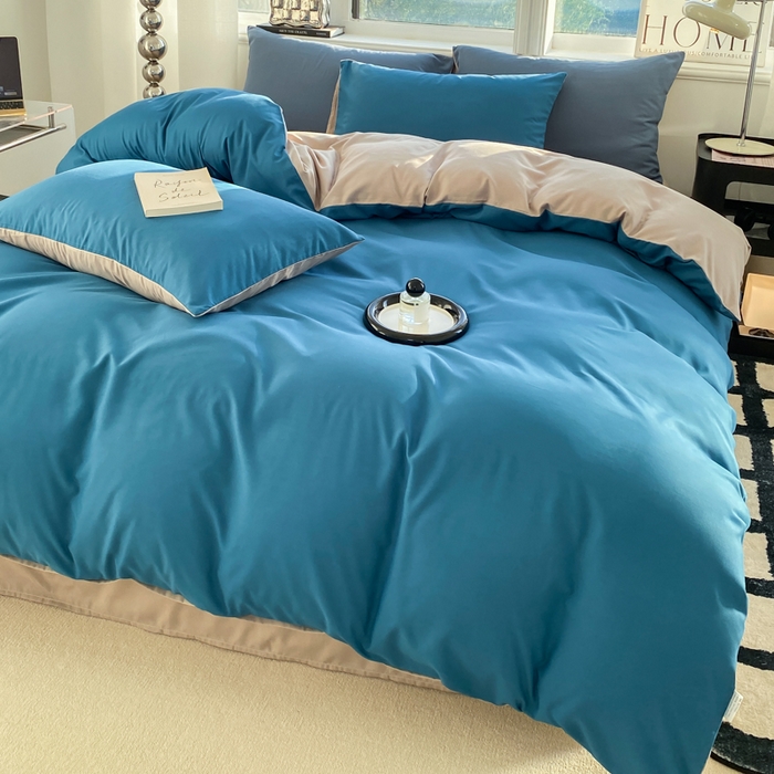 91家纺网 家纺一手货源 找家纺 芷凡家纺 2024新款亲肤棉纯色双拼四件套 蓝色+灰驼