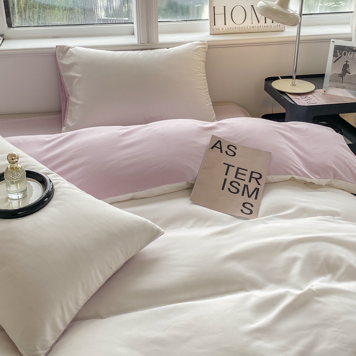 91家纺网 家纺一手货源 找家纺 芷凡家纺 2024新款亲肤棉纯色双拼四件套 奶白+丁香紫