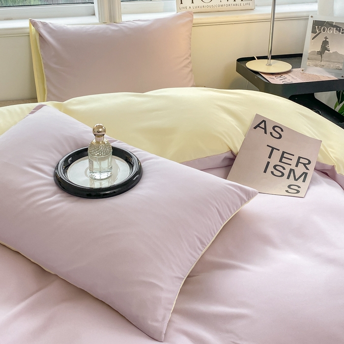 91家纺网 家纺一手货源 找家纺 芷凡家纺 2024新款亲肤棉纯色双拼四件套 丁香紫+奶黄