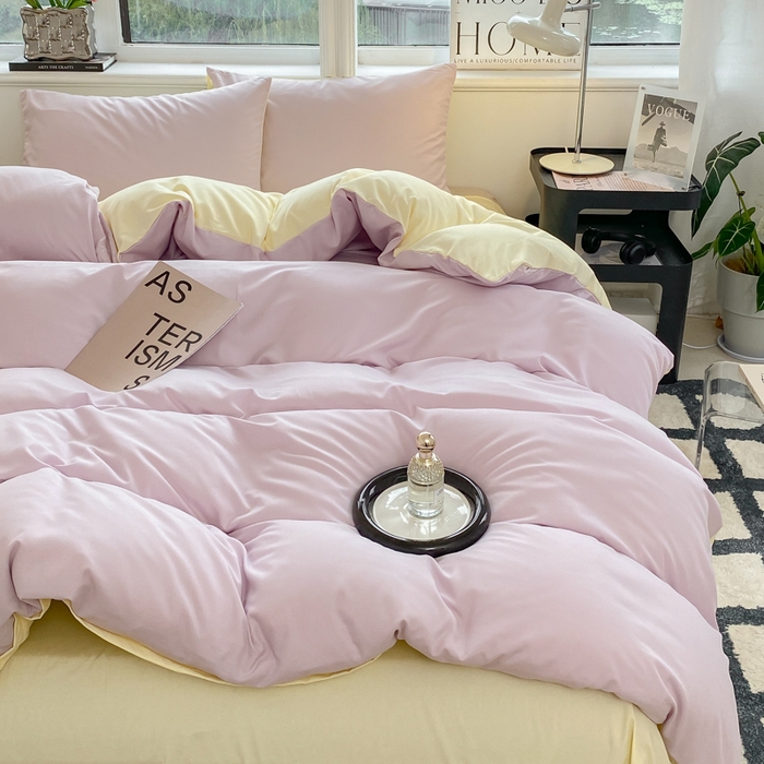 91家纺网 家纺一手货源 找家纺 芷凡家纺 2024新款亲肤棉纯色双拼四件套 丁香紫+奶黄