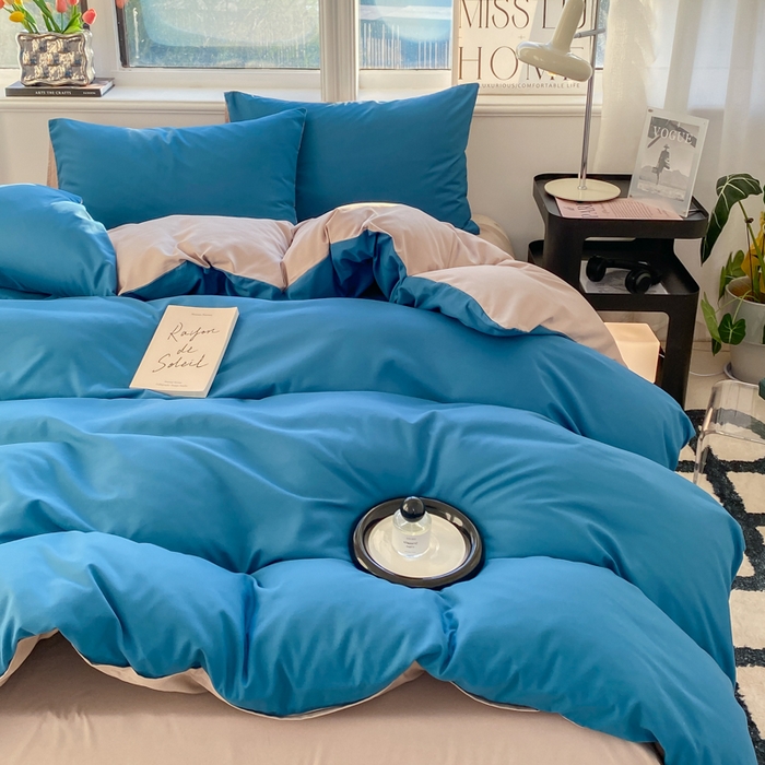 91家纺网 家纺一手货源 找家纺 芷凡家纺 2024新款亲肤棉纯色双拼四件套 蓝色+灰驼