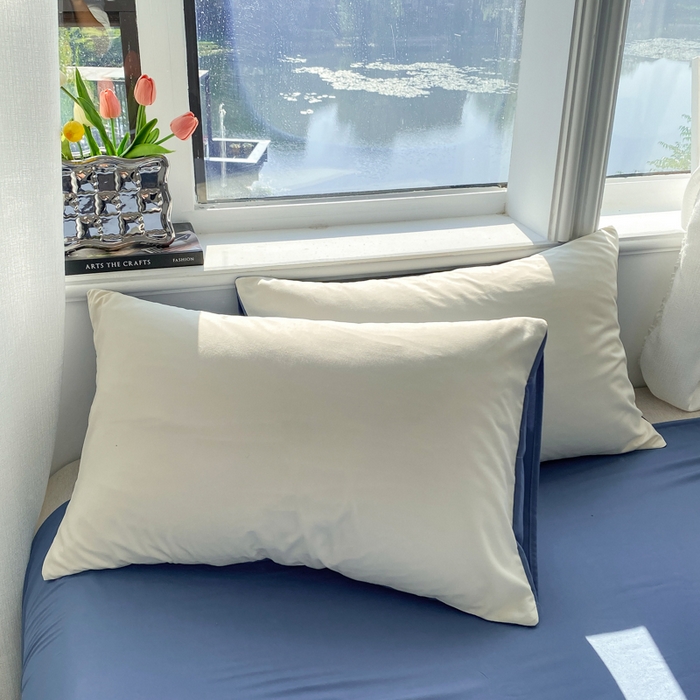 91家纺网 家纺一手货源 找家纺 芷凡家纺 2024新款亲肤棉纯色双拼四件套 米白+牛仔蓝