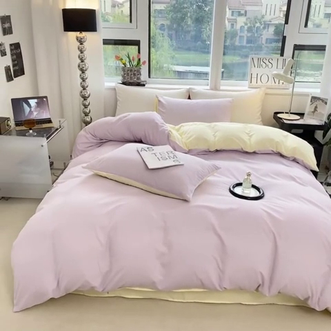 91家纺网 家纺一手货源 找家纺 芷凡家纺 2024新款亲肤棉纯色双拼四件套 丁香紫+奶黄