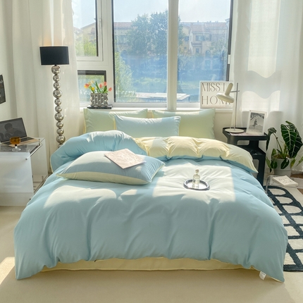 91家纺网 家纺一手货源 找家纺 芷凡家纺 2024新款亲肤棉纯色双拼四件套 蓝灰+奶黄