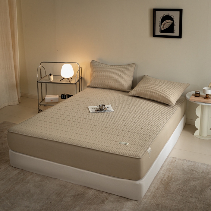 91家纺网 家纺一手货源 找家纺 芬晴家纺 2024新款纯棉水洗棉纯色夹棉床笠 漫游-奶茶