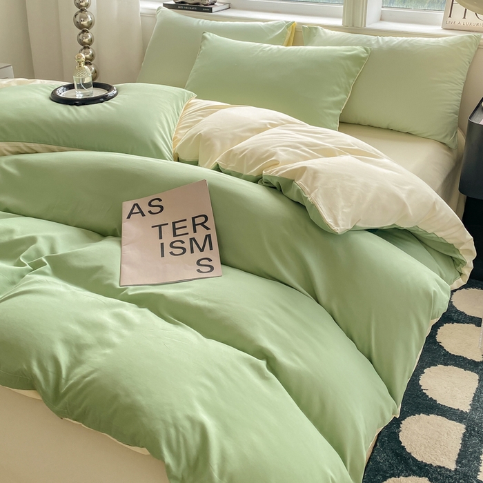 91家纺网 家纺一手货源 找家纺 芷凡家纺 2024新款亲肤棉纯色双拼四件套 果绿+米白