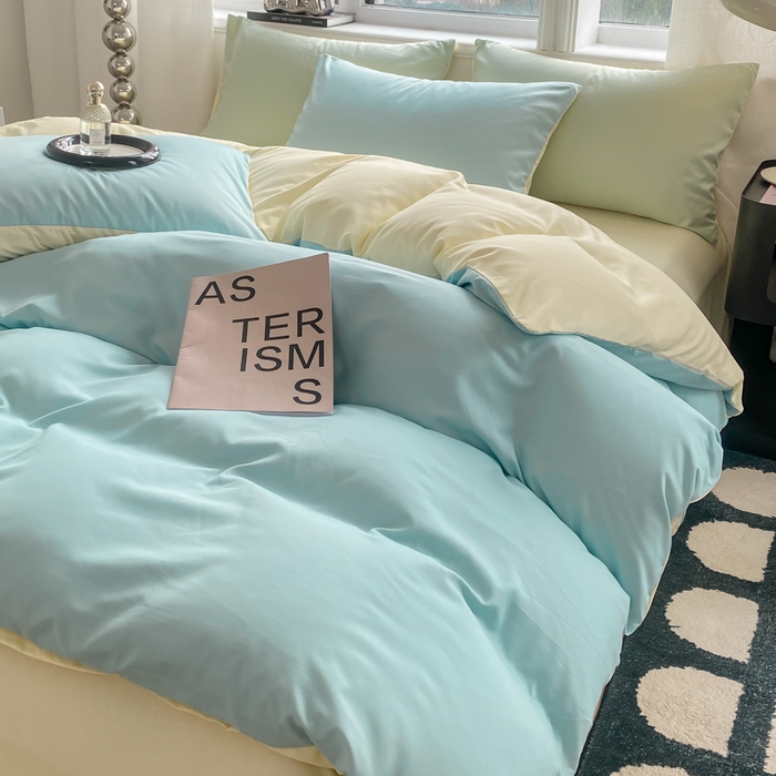 91家纺网 家纺一手货源 找家纺 芷凡家纺 2024新款亲肤棉纯色双拼四件套 蓝灰+奶黄