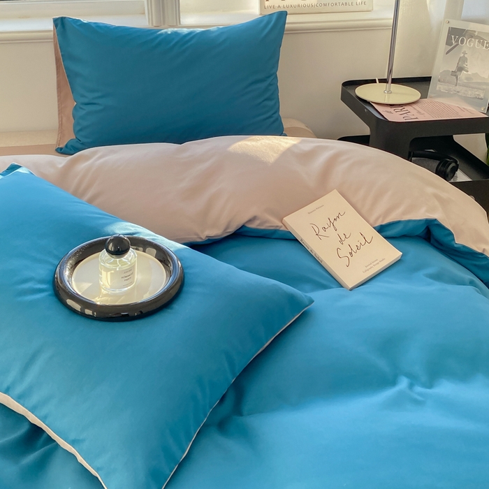 91家纺网 家纺一手货源 找家纺 芷凡家纺 2024新款亲肤棉纯色双拼四件套 蓝色+灰驼