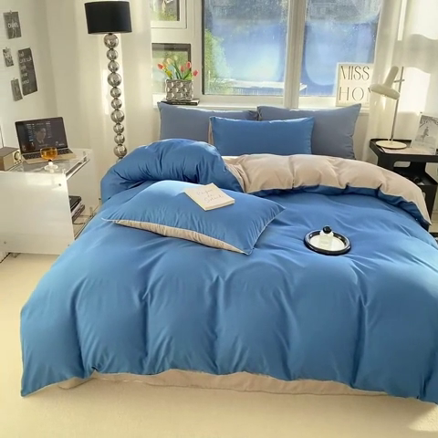 91家纺网 家纺一手货源 找家纺 芷凡家纺 2024新款亲肤棉纯色双拼四件套 蓝色+灰驼