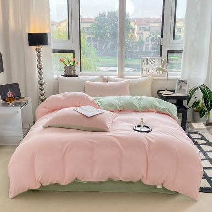 91家纺网 家纺一手货源 找家纺 芷凡家纺 2024新款亲肤棉纯色双拼四件套 奶油粉+浅绿