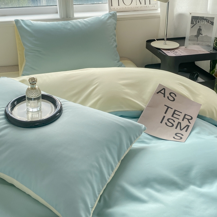 91家纺网 家纺一手货源 找家纺 芷凡家纺 2024新款亲肤棉纯色双拼四件套 蓝灰+奶黄