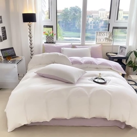 91家纺网 家纺一手货源 找家纺 芷凡家纺 2024新款亲肤棉纯色双拼四件套 奶白+丁香紫