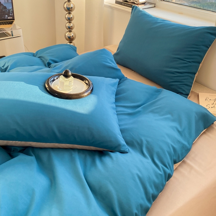 91家纺网 家纺一手货源 找家纺 芷凡家纺 2024新款亲肤棉纯色双拼四件套 蓝色+灰驼