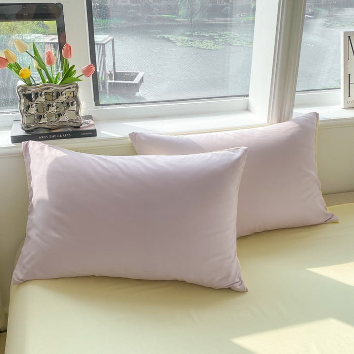 91家纺网 家纺一手货源 找家纺 芷凡家纺 2024新款亲肤棉纯色双拼四件套 丁香紫+奶黄